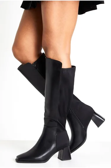 Wide Fit Stretch Knee High Flared Block Heeled Boots - black