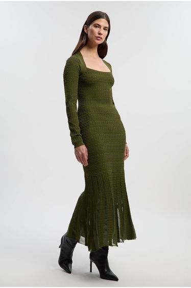 Pointelle Stitch Detail Sheer Panel Knit Midi Dress