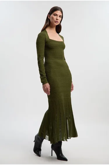 Pointelle Stitch Detail Sheer Panel Knit Midi Dress