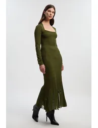 Pointelle Stitch Detail Sheer Panel Knit Midi Dress