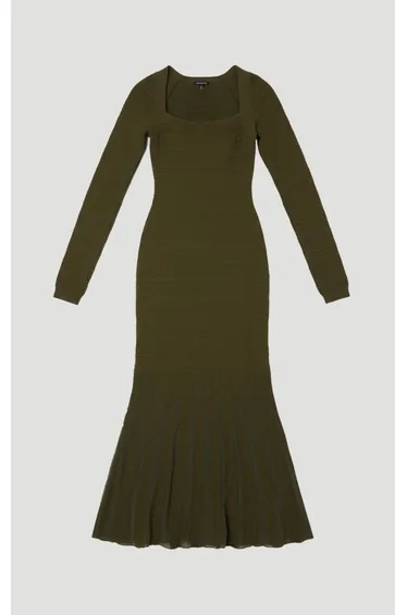 Pointelle Stitch Detail Sheer Panel Knit Midi Dress