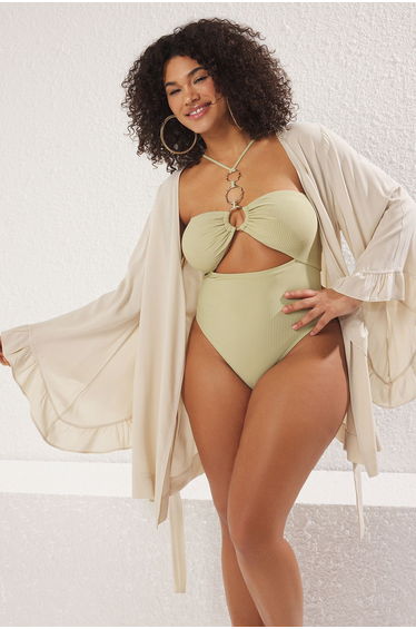 Ecru Sleeve Ruffled Flounce Viscose Beachwear Woven Kimono & Kaftan