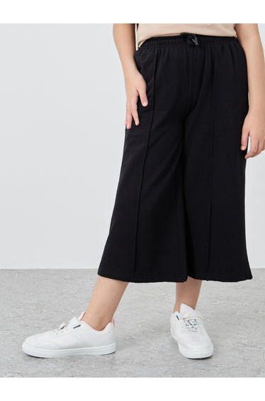Girls Black Solid Pintuck Wide Leg Culottes