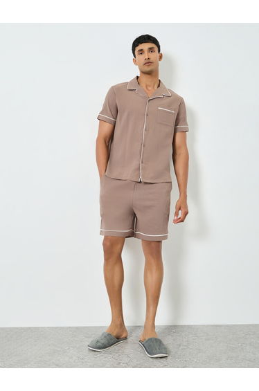 Men Brown Piping Detail Shirt and Shorts Set