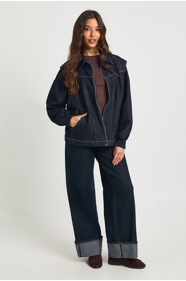 Contrast Stitch Denim Bomber Jacket - indigo