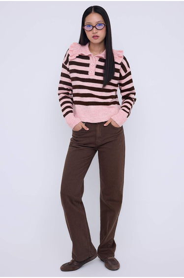 Pink Soft Texture Turn-down Collar Knitwear Sweater