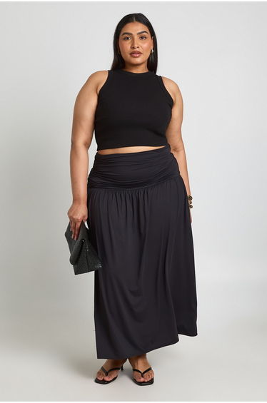 Plus Ruched Waist Soft Touch Maxi Skirt - black