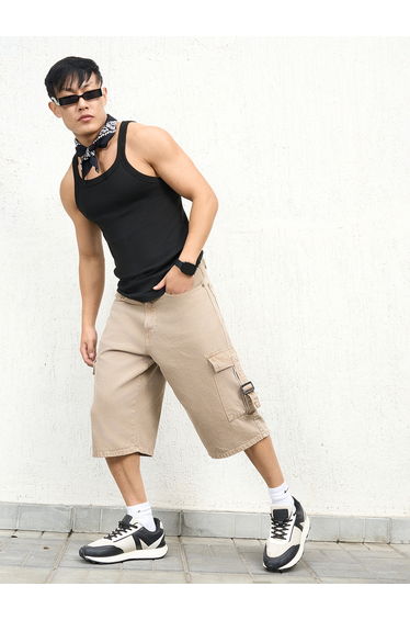 Mid Rise Cargo Denim Shorts