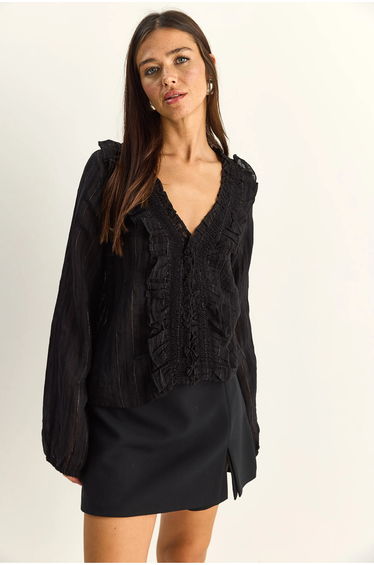 LUCCI Frilly V-neck Striped Blouse