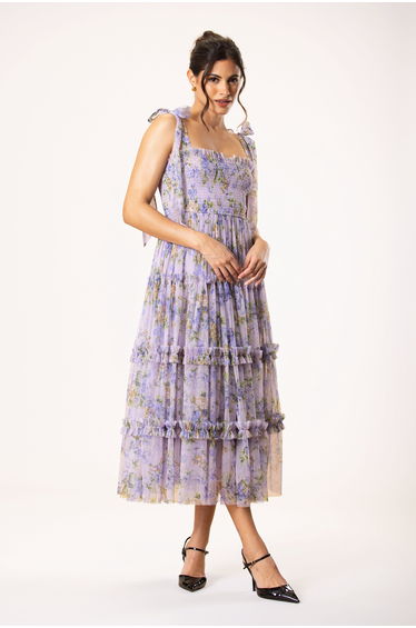 Louise Tulle Midi Dress in Lilac Print