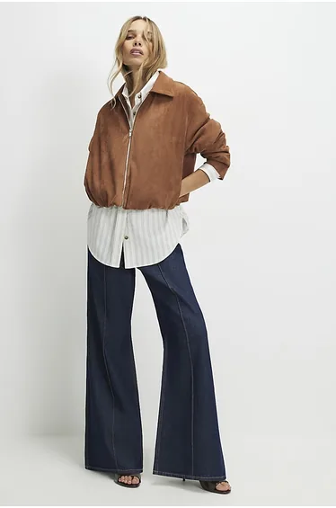 Tan Faux Suede Bubble Hem Bomber Jacket