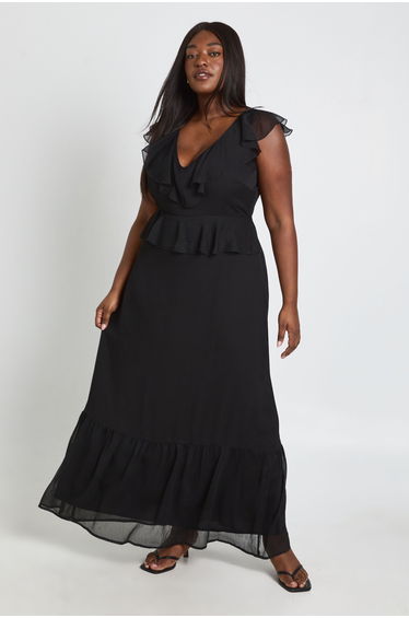 Plus Chiffon Ruffle Plunge Maxi Dress - black