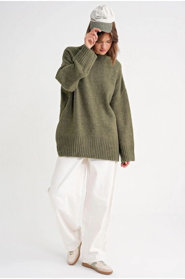 Mixray Oversized Ribbed Knit Sweater with Crew Neck
