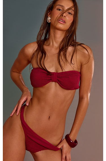 Burgundy Crinkle Bandeau Knot Front Bikini Top