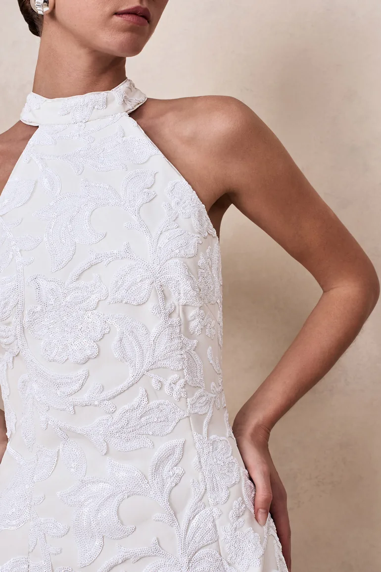 Dreamer | White Lace Halter-Neck Mini Dress With Oversized Bow Detail - 7