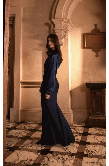 PLT Label Navy Satin High Neck Chiffon Fishtail Skirt Maxi Dress