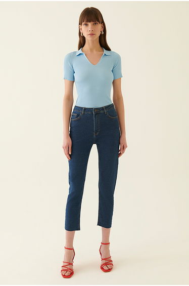 Romets Regular Fit Ankle Length Mid Waist Navy Blue Color Women's Denim Trousers