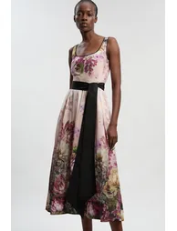 Floral Print Silk Cotton Strappy Woven Maxi Dress - 1