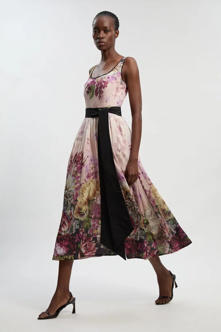 Floral Print Silk Cotton Strappy Woven Maxi Dress