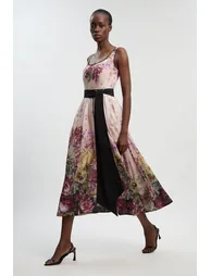 Floral Print Silk Cotton Strappy Woven Maxi Dress