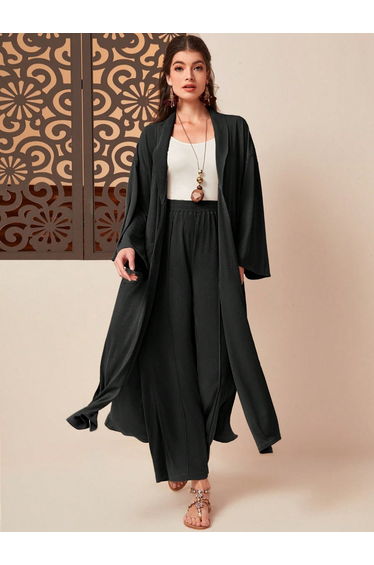 Black Open Front Kimono and Pants Co-ords