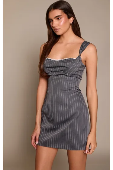Charcoal Pinstripe Trim Detail Bodycon Dress