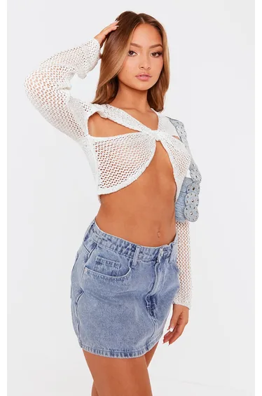 Petite White Sequin Knit Fold Over Crop Top