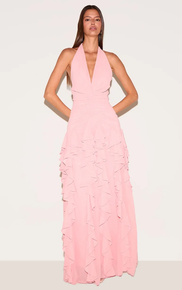 light pink frill dress Women's Light Pink Frill Halterneck Sleeveless Maxi Dress
