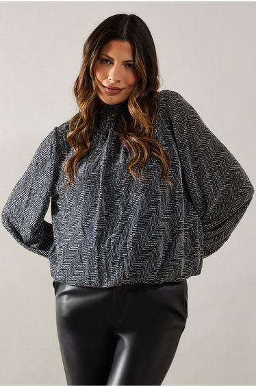 Metallic Geometric High Neck Blouse