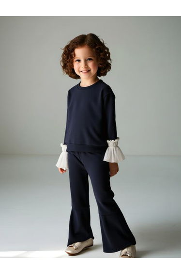 Girls Solid Ruffle Cuff Sweatshirt with Flare Pants Set