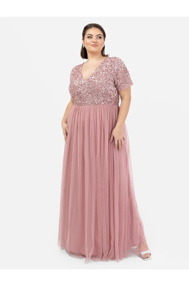 Maya Dusty Pink V Neckline Embellished Maxi Dress