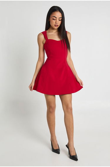 Bengaline Sweetheart Neck Cap Sleeve Skater Dress - red