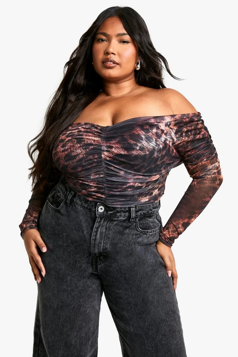 Plus Ruched Front Bardot Long Sleeve Top - 1