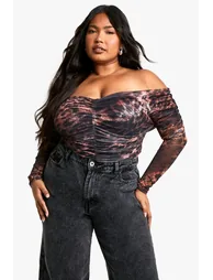 Plus Ruched Front Bardot Long Sleeve Top - 1