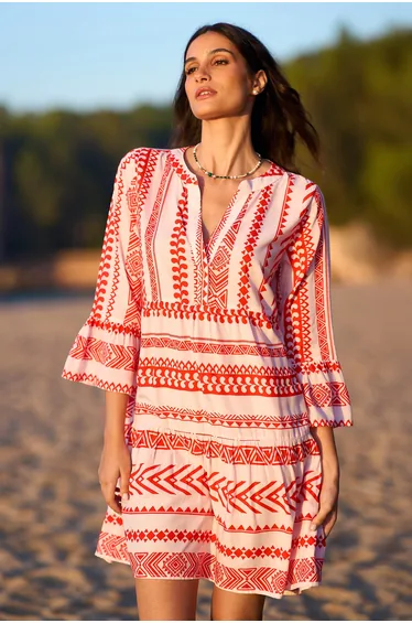 Yumi Coral Tencel Geo Stripe Print Beach Tunic