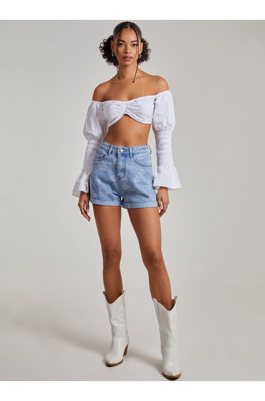 Embroidered Flower Print Denim Shorts