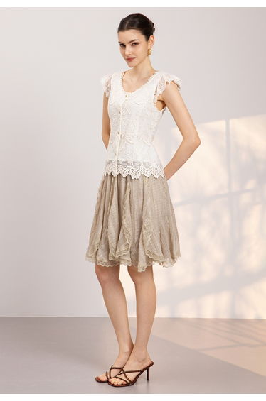 Floral Embroidery Lace Overlay Button-Up Top for Garden Brunches & Casual Picnics