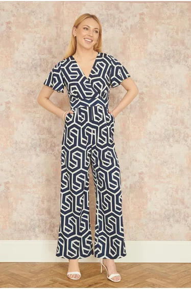 Yumi Navy Oversize Geo Print Jumpsuit