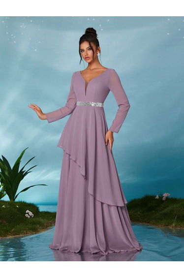 Leely Elegant V Neck Long Sleeve Party Dress