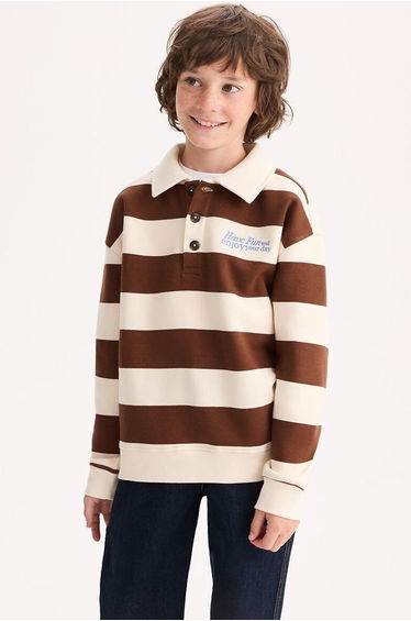 Striped Embroidered Chest Polo Collar Sweatshirt