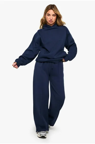 Pintuck Detail Deep Waistband Wide Leg Jogger - navy