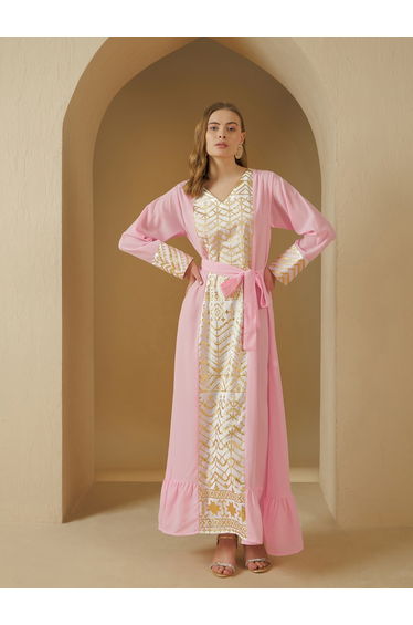 Foil Print Panelled Jalabiya with Tie-Up Detail