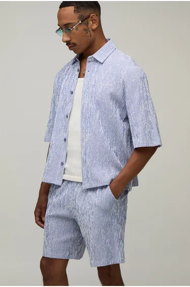 Stripe Seersucker Embroidered Boxy Oversized Shirt & Short Set - navy