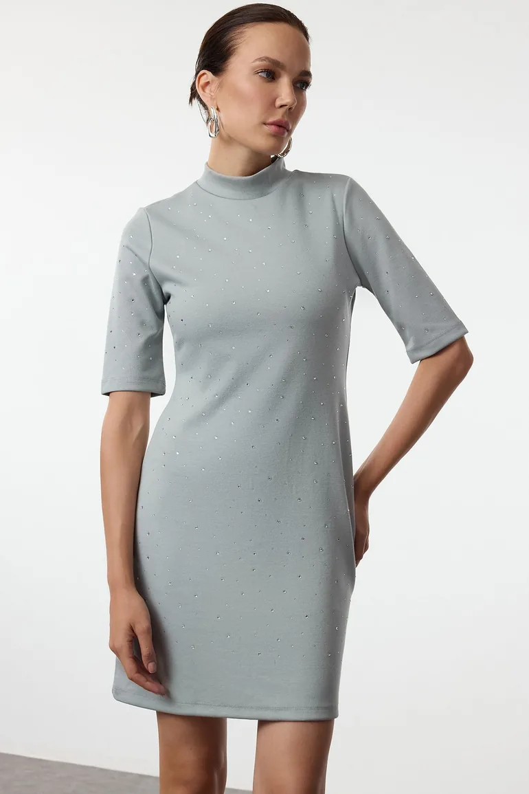 Shop Light Anthracite Stone Detailed Skater/Waisted Short Sleeve Mini  Knitted Pencil Dress Online in Oman