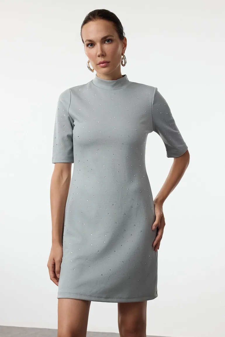 Shop Light Anthracite Stone Detailed Skater/Waisted Short Sleeve Mini  Knitted Pencil Dress Online in Oman