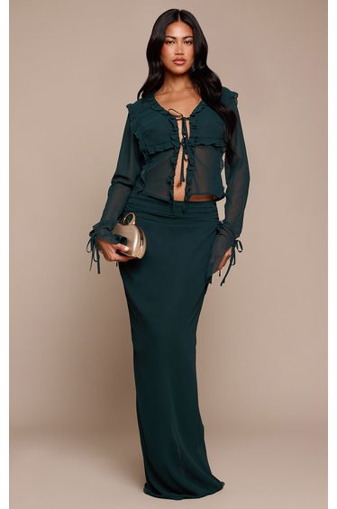 Emerald Green Ruched Chiffon Maxi Skirt