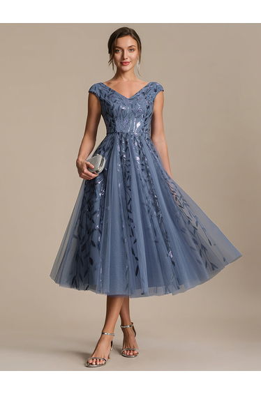 V-Neck Midi Sequin Sleeveless Wedding Guest Dress