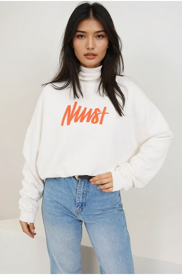 Women's White Embossed Printed Oversized Sweatshirt