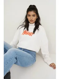 Women's White Embossed Printed Oversized Sweatshirt - 1
