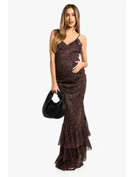 Maternity Leopard Print Mesh Ruffle Hem Detail Strappy Floor Length Dress - brown